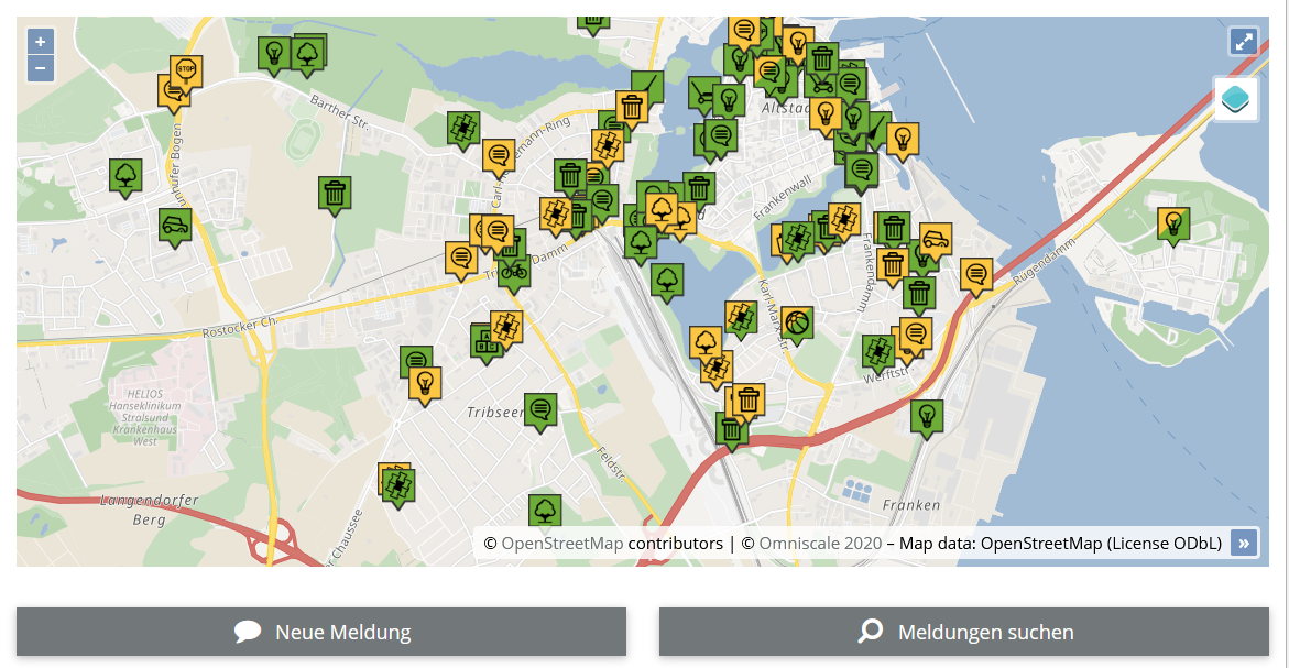 Karte von Stralsund auf dem Mängel angezeigt werden
